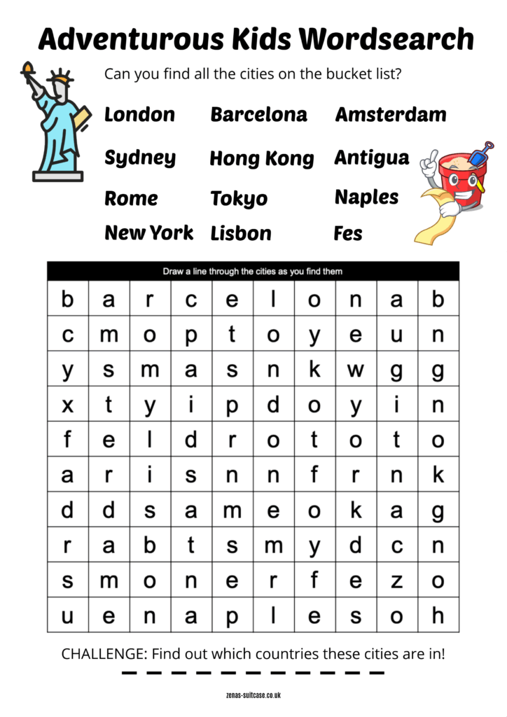 A children’s city word-search worksheet lists cities including London, Barcelona, Amsterdam, and New York above a letter grid, with a challenge to identify their countries.