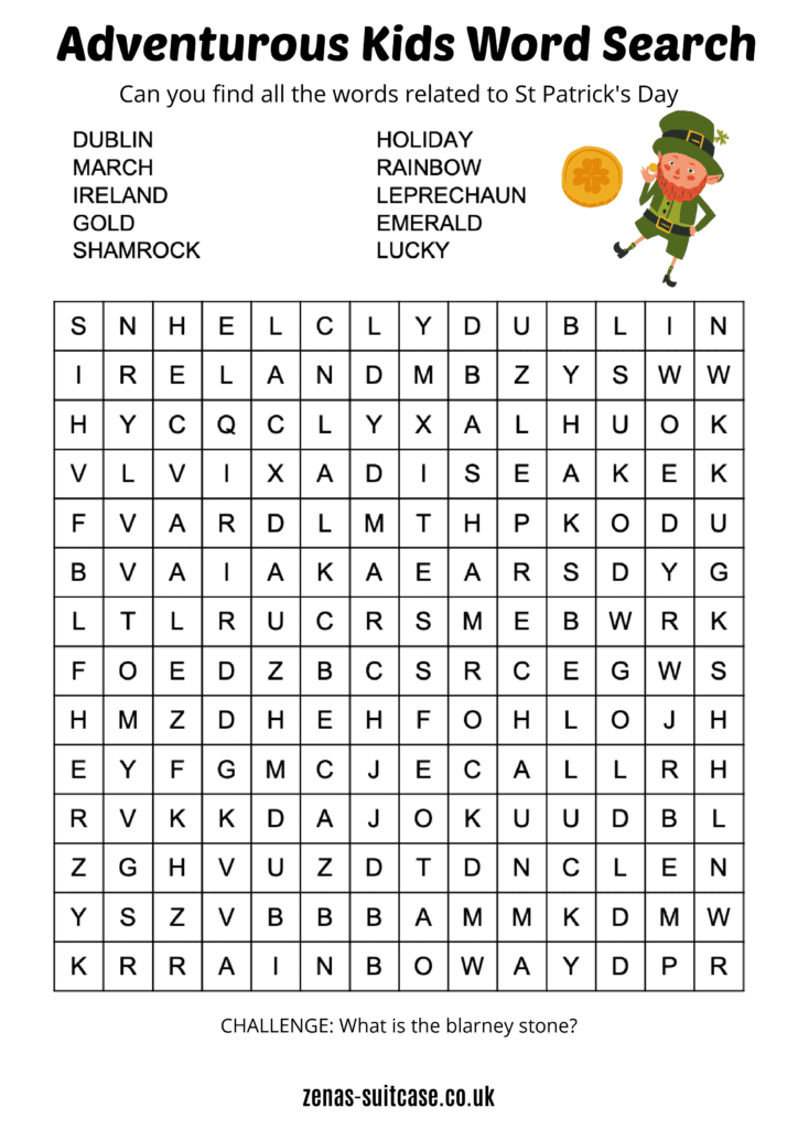 A St Patrick’s Day word-search worksheet for kids, with a large letter grid, a list of themed words, and a leprechaun illustration.