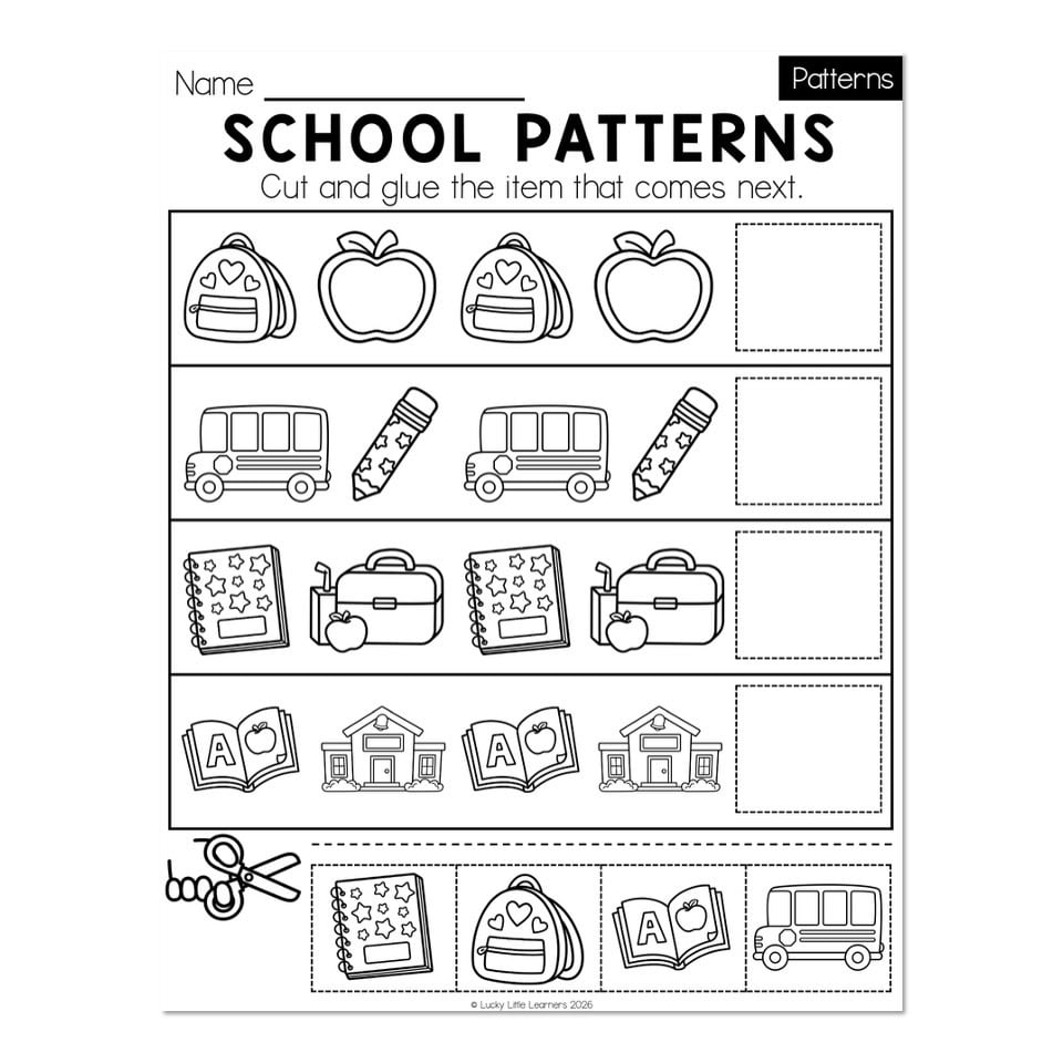 School-pattern worksheet with rows of alternating backpacks and apples, buses and pencils, notebooks and lunch bags, and books and schoolhouses, plus cut-out answer choices.