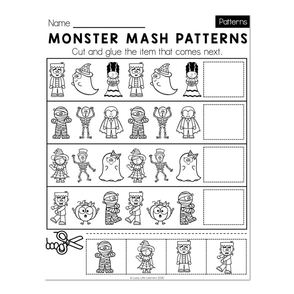 A cut-and-glue worksheet with four rows of repeating Halloween character patterns and a strip of monster choices at the bottom.