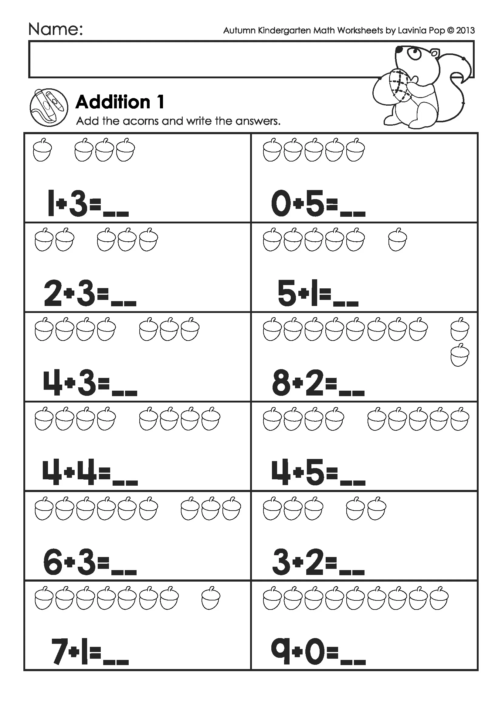 A kindergarten addition worksheet with acorn pictures grouped beside equations, including 1+3, 0+5, and other sums up to 9+0.