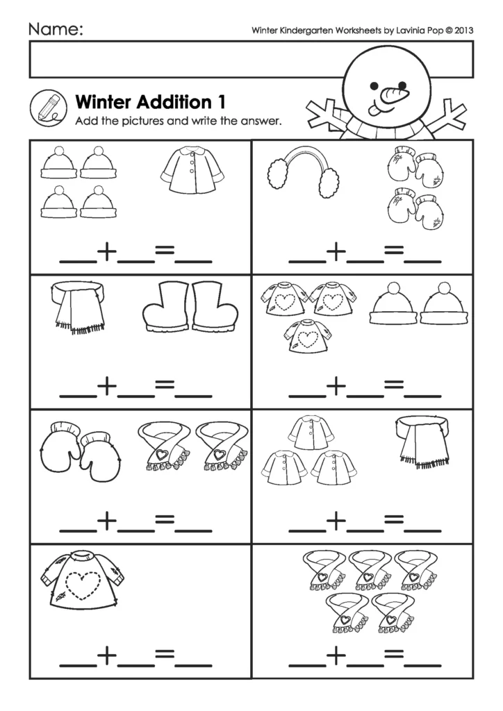 Winter kindergarten addition worksheet with picture groups of clothing, including hats, mittens, boots, scarves, and sweaters, paired with addition equations and blank answer lines.