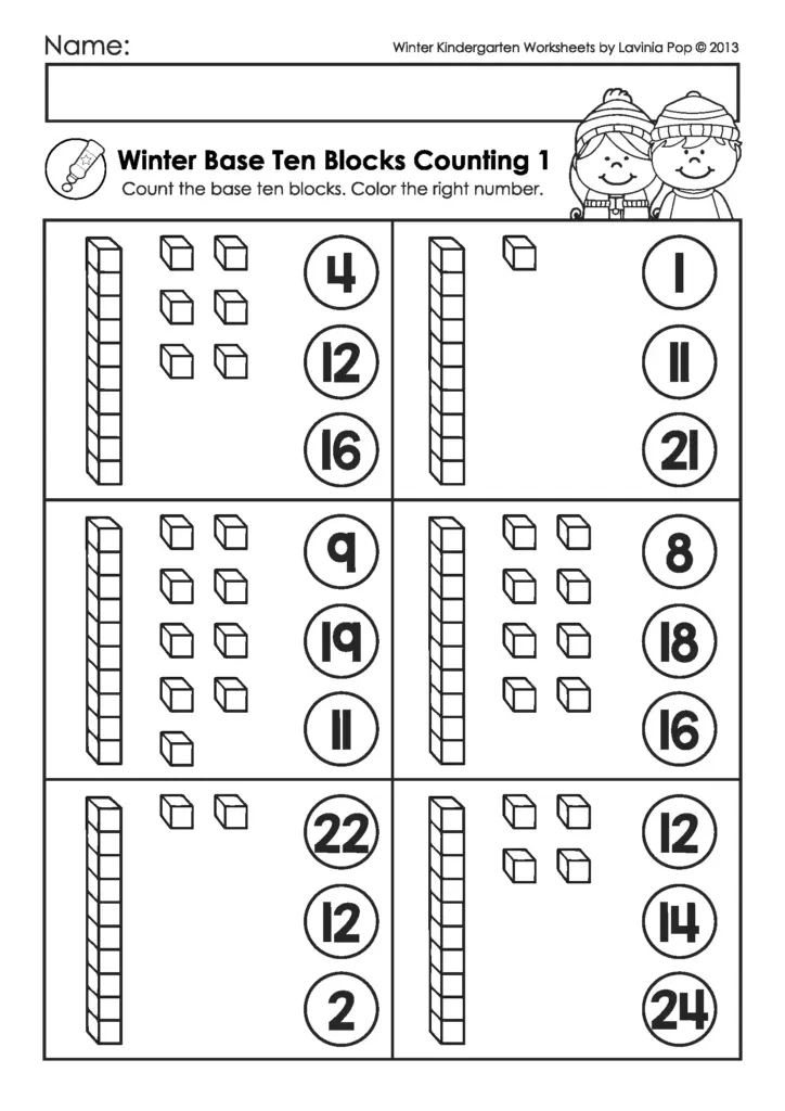 Winter-themed worksheet asks children to count base-ten blocks and color the matching number in each problem.