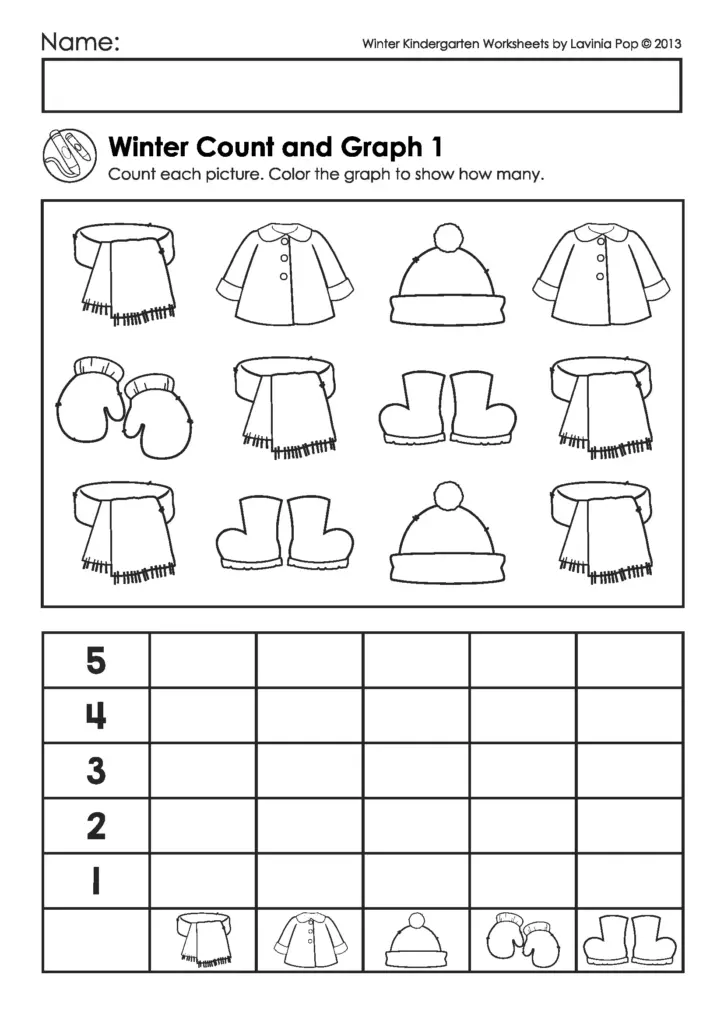 Winter counting and graphing worksheet: children count pictures of scarves, coats, hats, mittens, and boots, then color the graph to show how many of each there are.