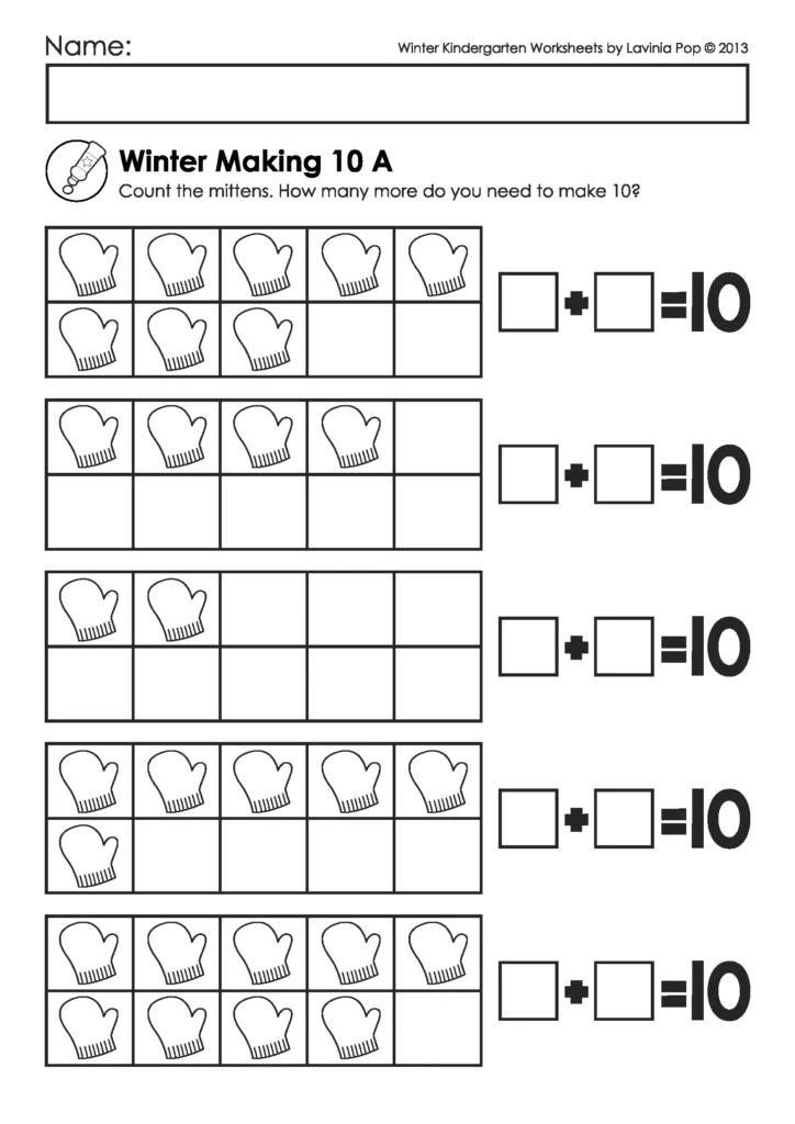 Winter kindergarten worksheet asking students to count mittens in ten-frame grids and fill in addition equations to make 10.