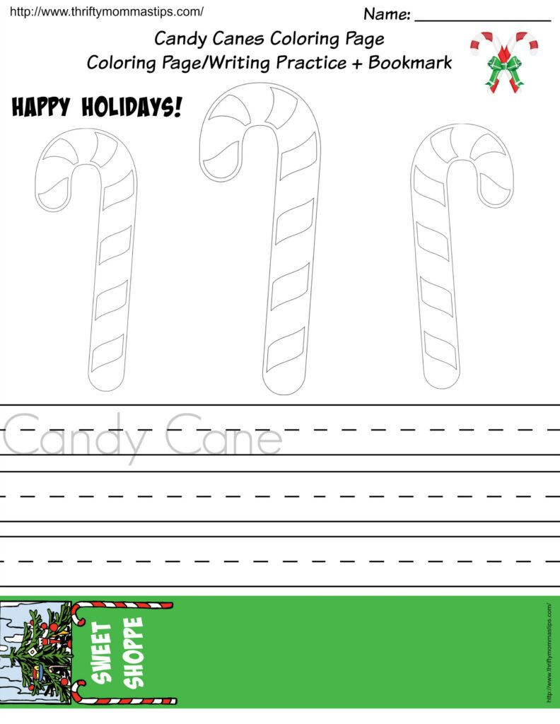 A holiday worksheet with three large candy cane outlines to color, plus writing-practice lines labeled “Candy Cane” and a green “Sweet Shoppe” bookmark section.
