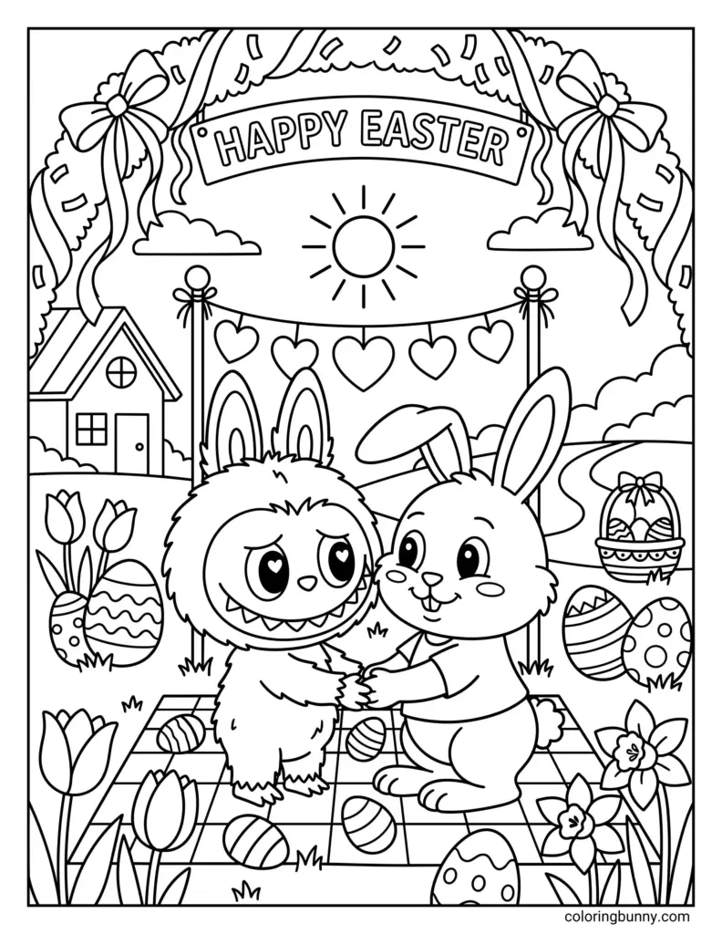 Easter coloring page showing a rabbit and a fluffy character holding hands on a picnic blanket, surrounded by decorated eggs, flowers, and a “Happy Easter” banner.
