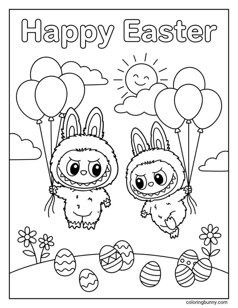 Happy Easter coloring page showing two fluffy, big-eyed characters holding balloons above decorated eggs and flowers.