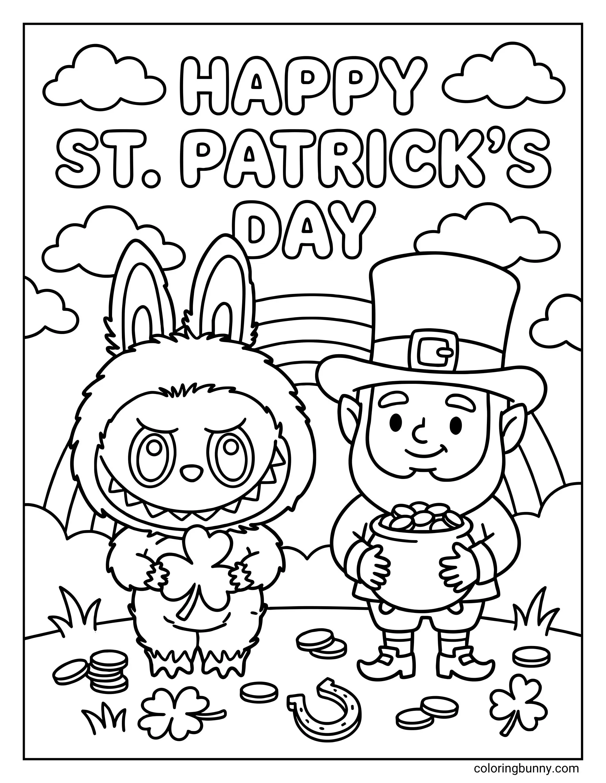 St. Patrick’s Day coloring page showing a leprechaun holding a pot of coins beside a furry character, with a rainbow, shamrocks, horseshoe, and coins.