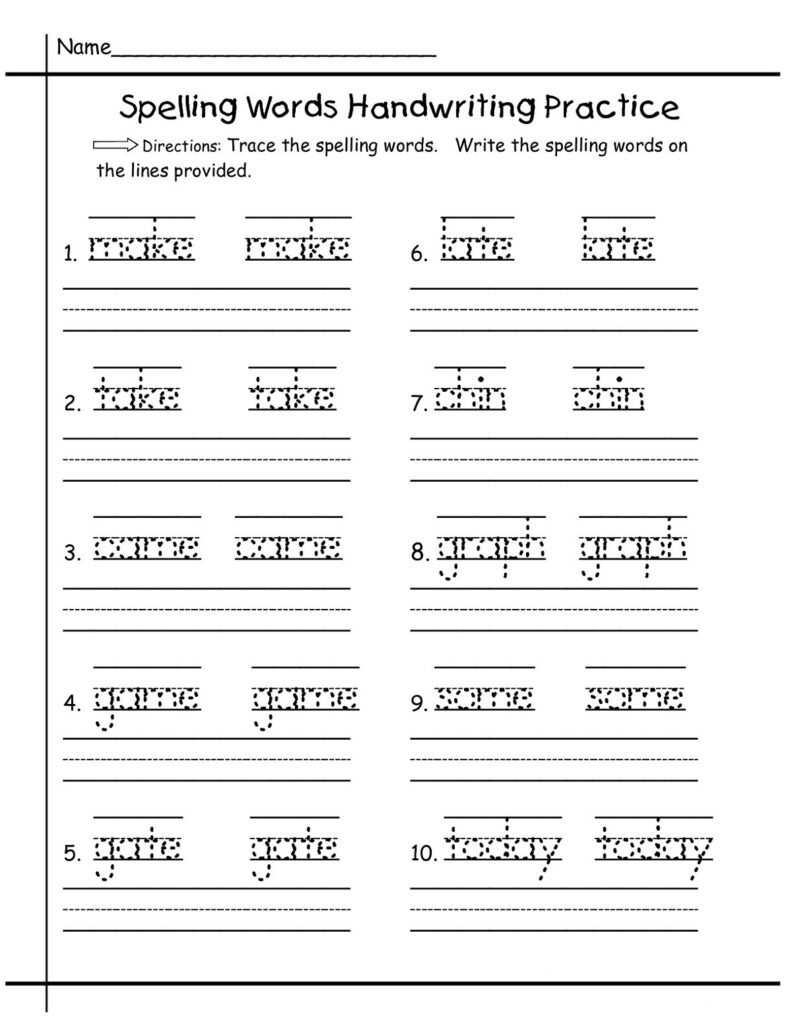 Spelling words handwriting practice worksheet with numbered tracing exercises, name line, directions, and ruled spaces for writing each word.