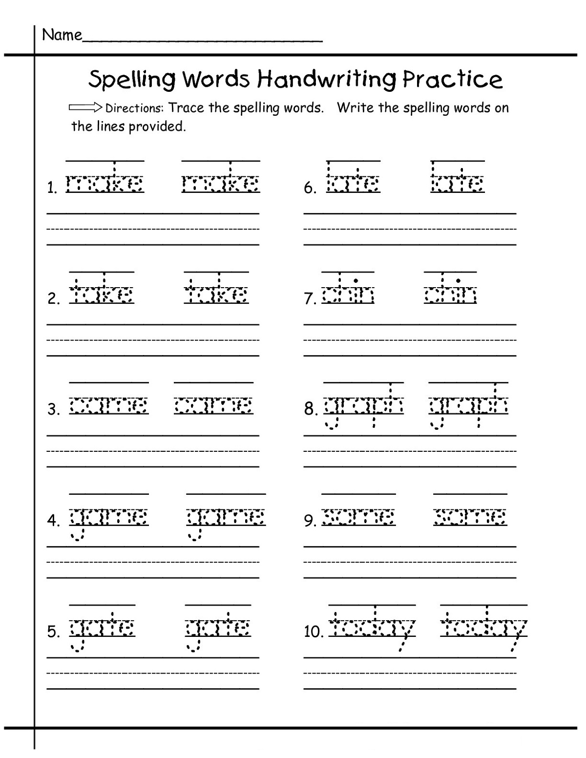 Spelling words handwriting practice worksheet with numbered tracing exercises, name line, directions, and ruled spaces for writing each word.