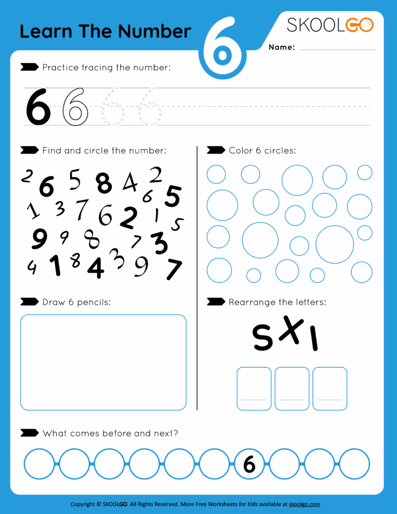 A number 6 worksheet with tracing practice, a number-search puzzle, circles to color, a box for drawing pencils, a letter scramble, and a before-and-after number sequence.