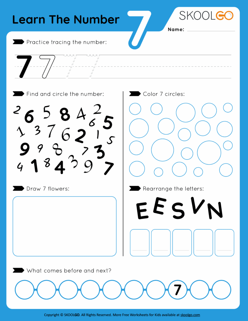 A number 7 worksheet with tracing practice, a number-finding activity, circles to color, space to draw flowers, a letter rearrangement task, and a before-and-after number sequence.