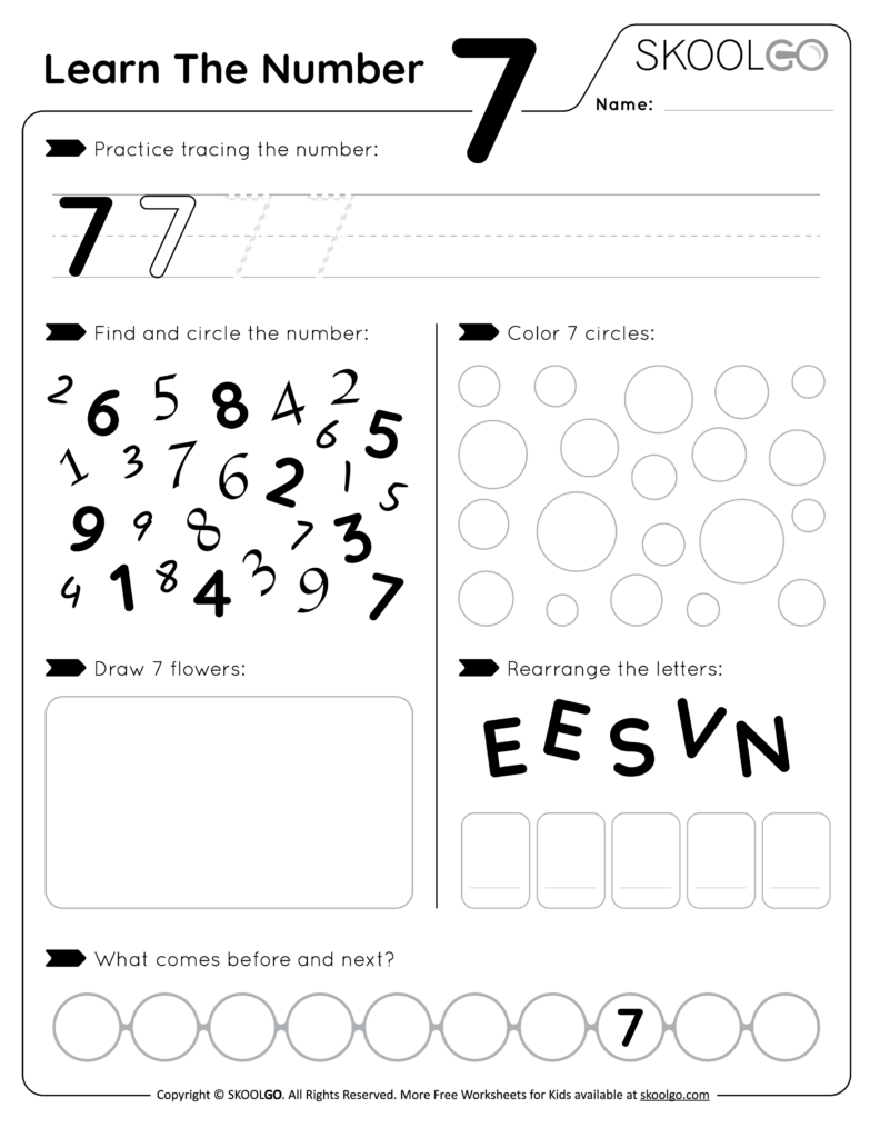 A number 7 worksheet with tracing practice, a number-finding activity, circles to color, a flower-drawing space, scrambled letters, and a before-and-after number sequence.