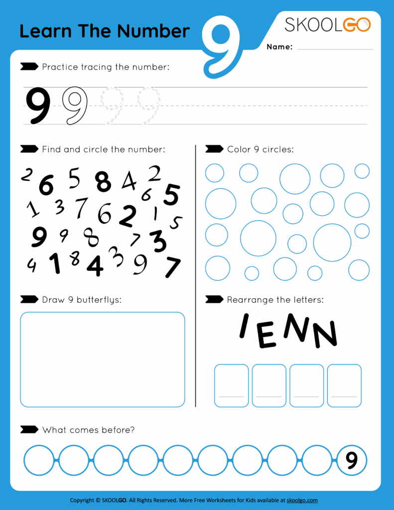 A number 9 worksheet with tracing practice, a number-finding activity, circles to color, a drawing box, letter rearrangement, and a sequence asking what comes before 9.
