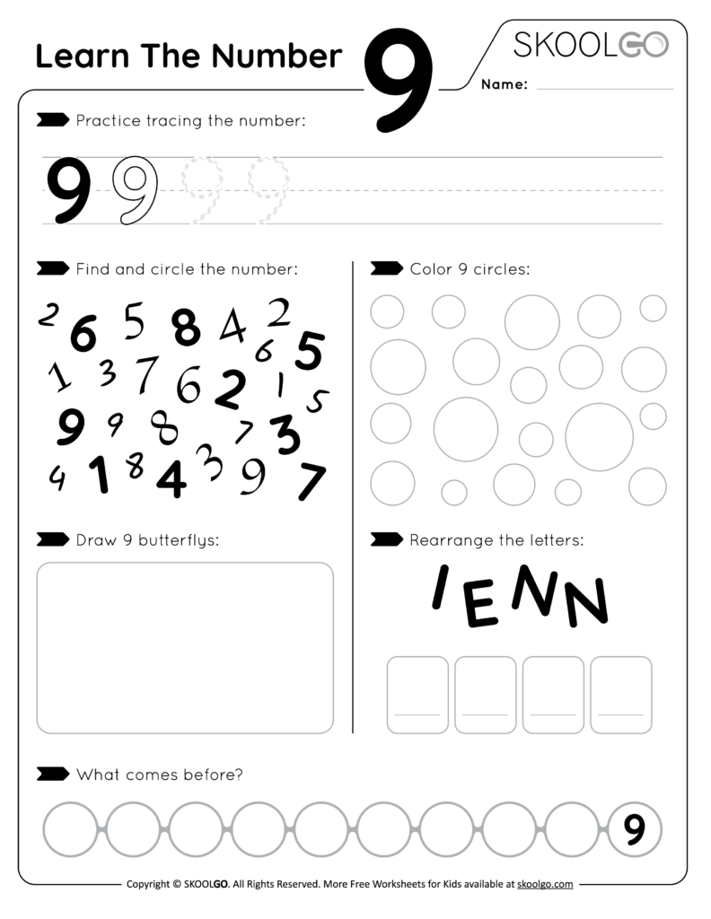 A number 9 worksheet with tracing practice, a number-finding activity, circles to color, a drawing box, scrambled letters, and a number sequence.