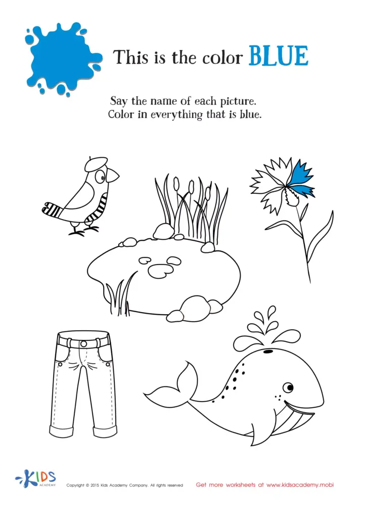 A blue-color worksheet with outline drawings of a bird, pond, flower, trousers and whale, plus a blue paint splash; users are instructed to name and color the pictures.