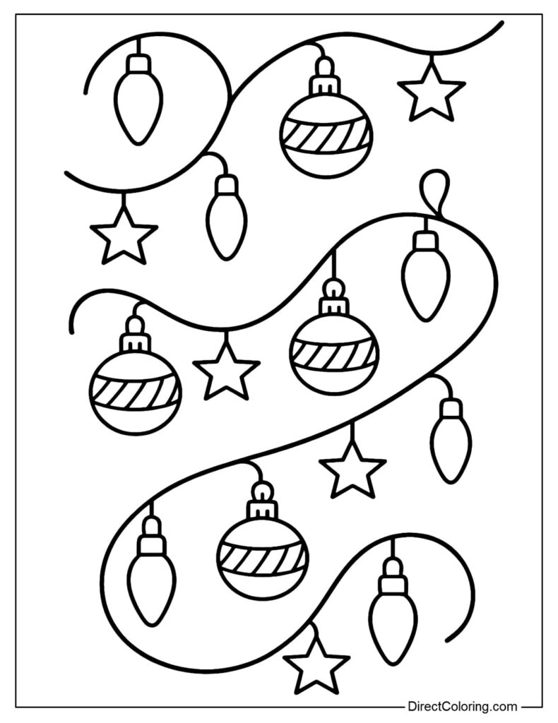 A holiday coloring page with strings of hanging light bulbs, striped round ornaments, and star-shaped ornaments.