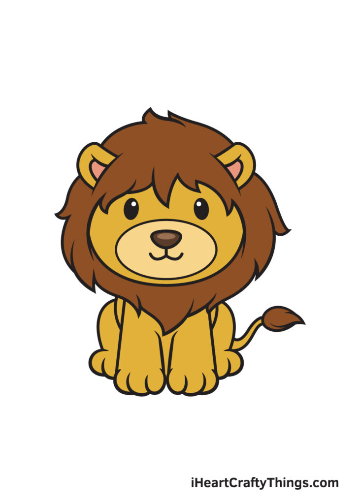 A seated cartoon lion with a large brown mane, golden face and body, and a tufted tail.