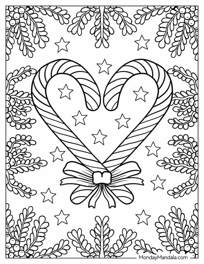 Black-and-white coloring page of two striped candy canes forming a heart, tied with a bow and surrounded by stars and decorative foliage.