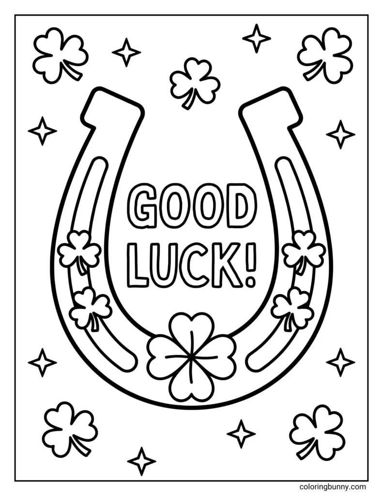 Black-and-white coloring page with a large horseshoe surrounded by shamrocks and stars, with “GOOD LUCK!” in the center.