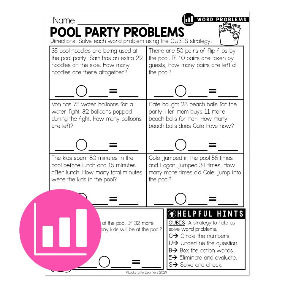 Pool party math worksheet with addition and subtraction word problems about noodles, flip-flops, balloons, beach balls, and swimming, plus CUBES strategy hints.