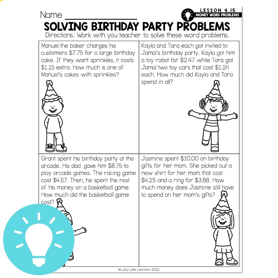 A worksheet titled “Solving Birthday Party Problems” presents four money word problems with birthday illustrations and space to solve them.