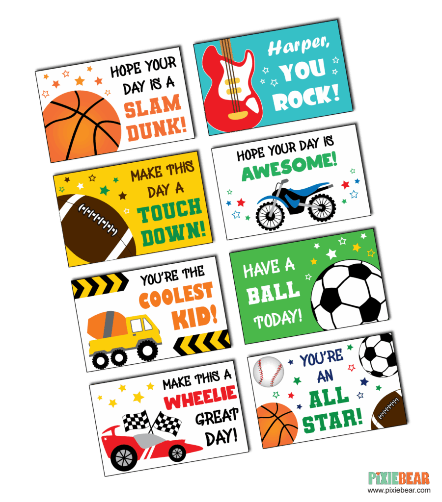 Eight colorful encouragement notes feature sports and vehicle illustrations, with messages such as “Hope your day is a slam dunk!” and “You’re an all star!”.