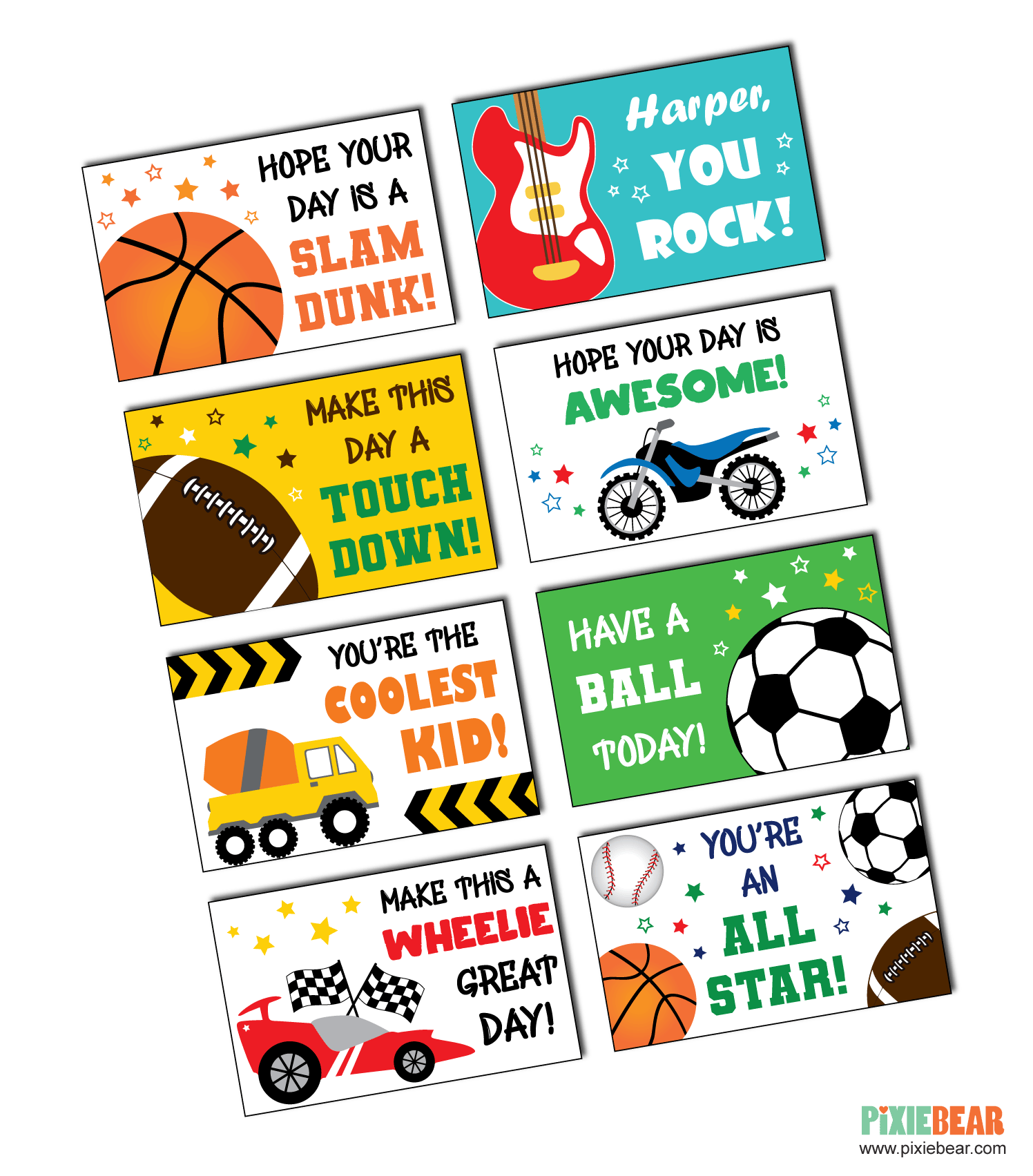 Eight colorful encouragement notes feature sports and vehicle illustrations, with messages such as “Hope your day is a slam dunk!” and “You’re an all star!”.