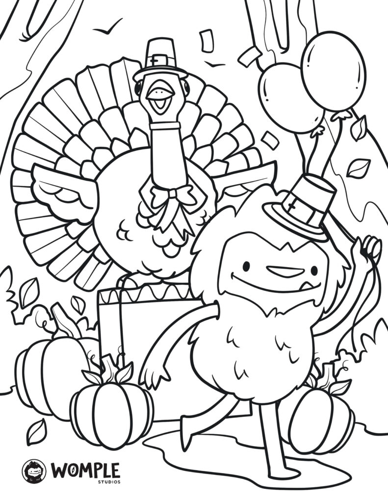 Thanksgiving coloring page with a dressed turkey, a smiling costumed character, pumpkins, balloons, and autumn leaves.