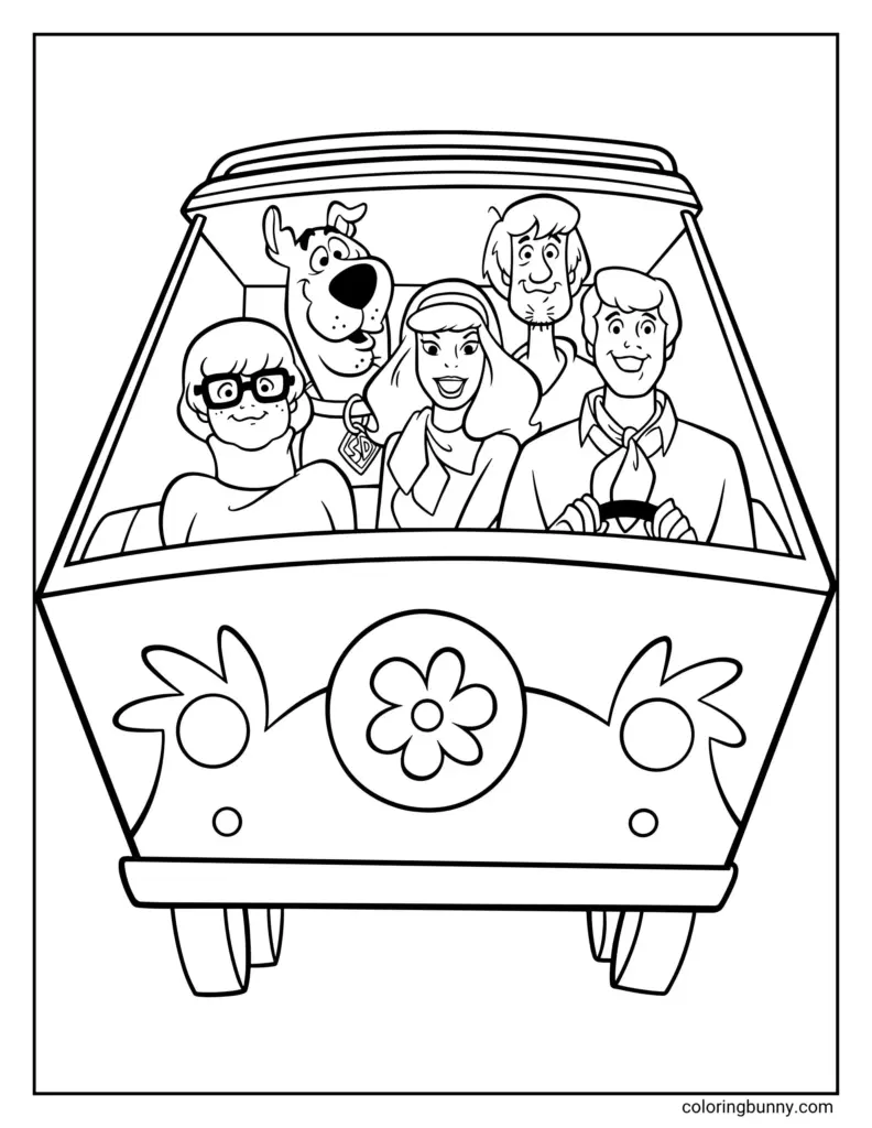 A coloring-page outline of Scooby-Doo, Shaggy, Velma, Daphne, and Fred riding together in the Mystery Machine, shown from the front.
