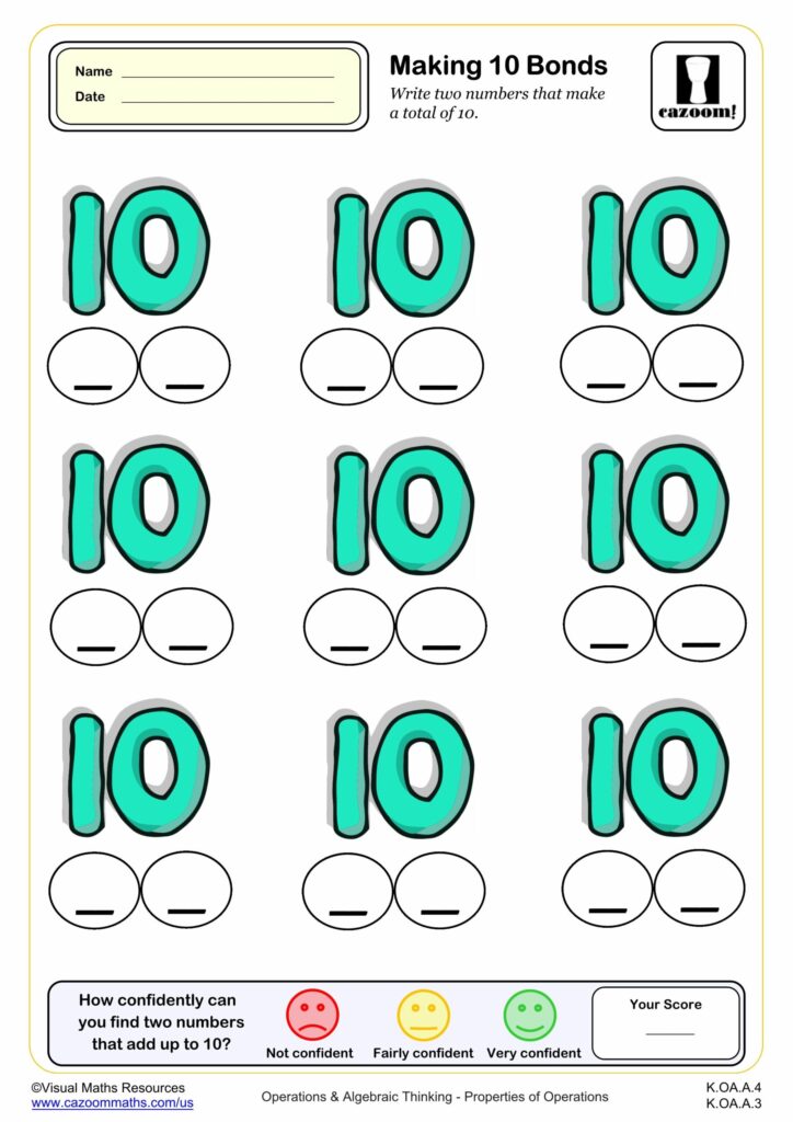 A worksheet with nine “10” prompts, each above two blank circles for writing number pairs that make 10. A confidence rating and score box appear at the bottom.