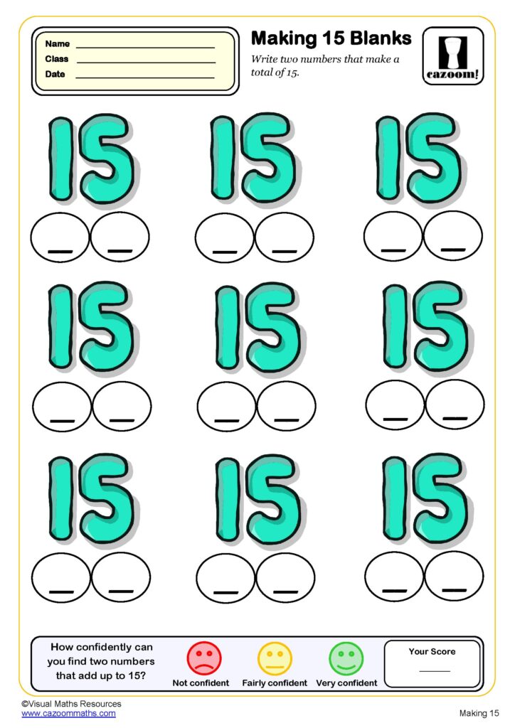 A worksheet titled “Making 15 Blanks” shows nine large number 15s, each with two blank circles for numbers that add to 15, plus a confidence rating and score area.