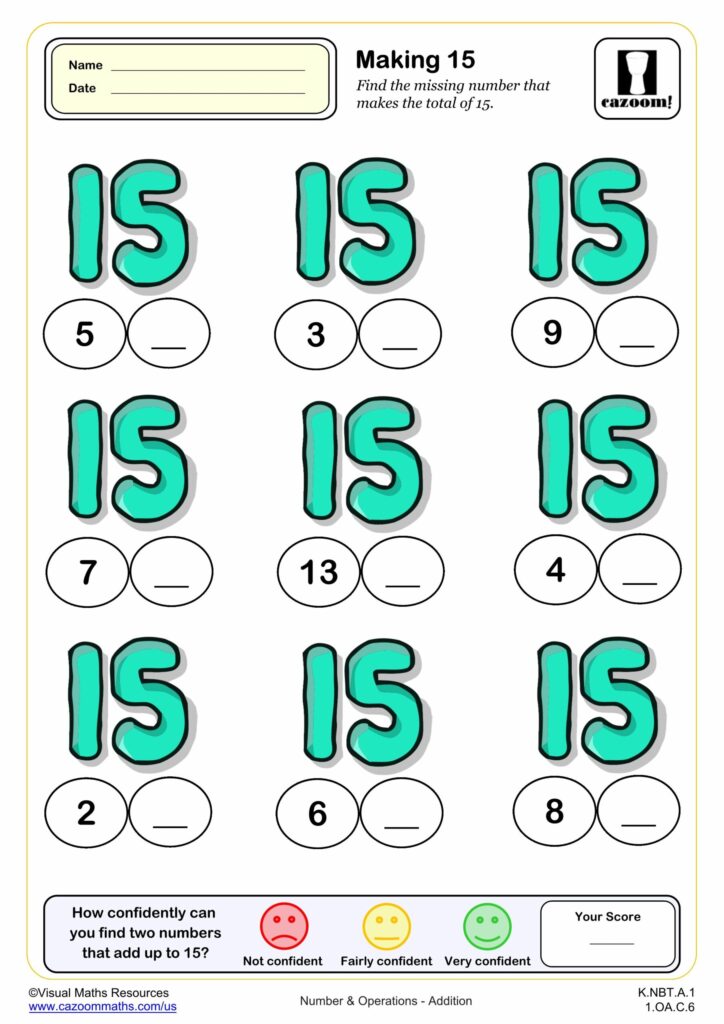 A “Making 15” addition worksheet with nine problems, each showing 15 and a number paired with a blank. A confidence rating and score box appear at the bottom.
