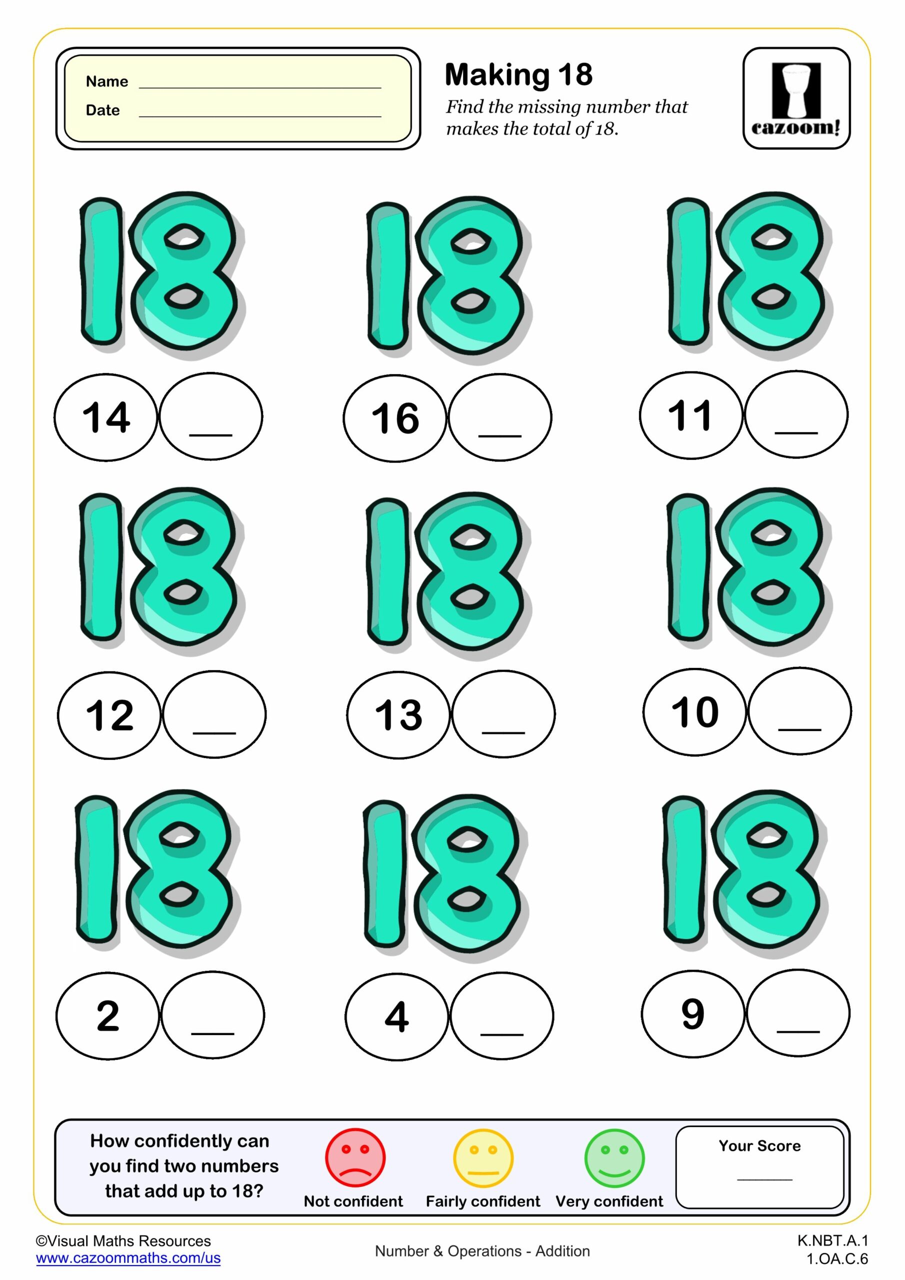 A worksheet titled “Making 18” shows nine problems with a given number and a blank, asking students to find the number that completes each sum to 18. A confidence check and score box appear at the bottom.