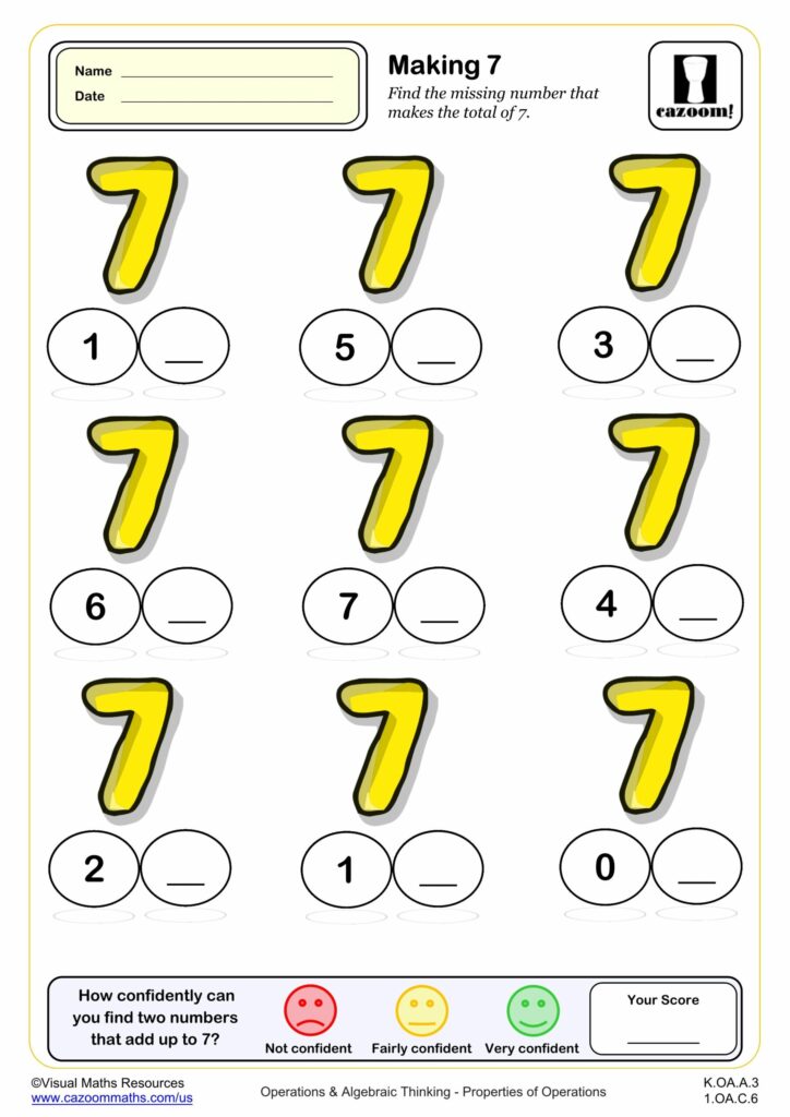 A “Making 7” worksheet with nine addition problems pairing a given number with a blank to complete a total of 7, plus a confidence rating and score area.