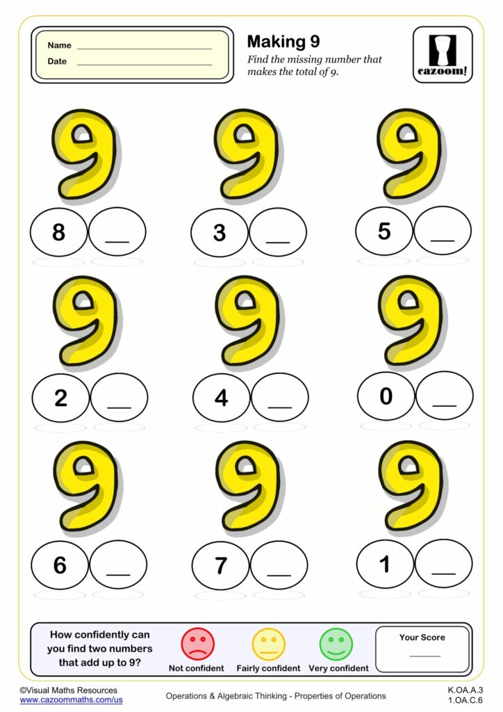 A “Making 9” worksheet with nine number problems, each showing a number from 0 to 8 beside a blank for its partner to make 9. A confidence check and score box appear at the bottom.