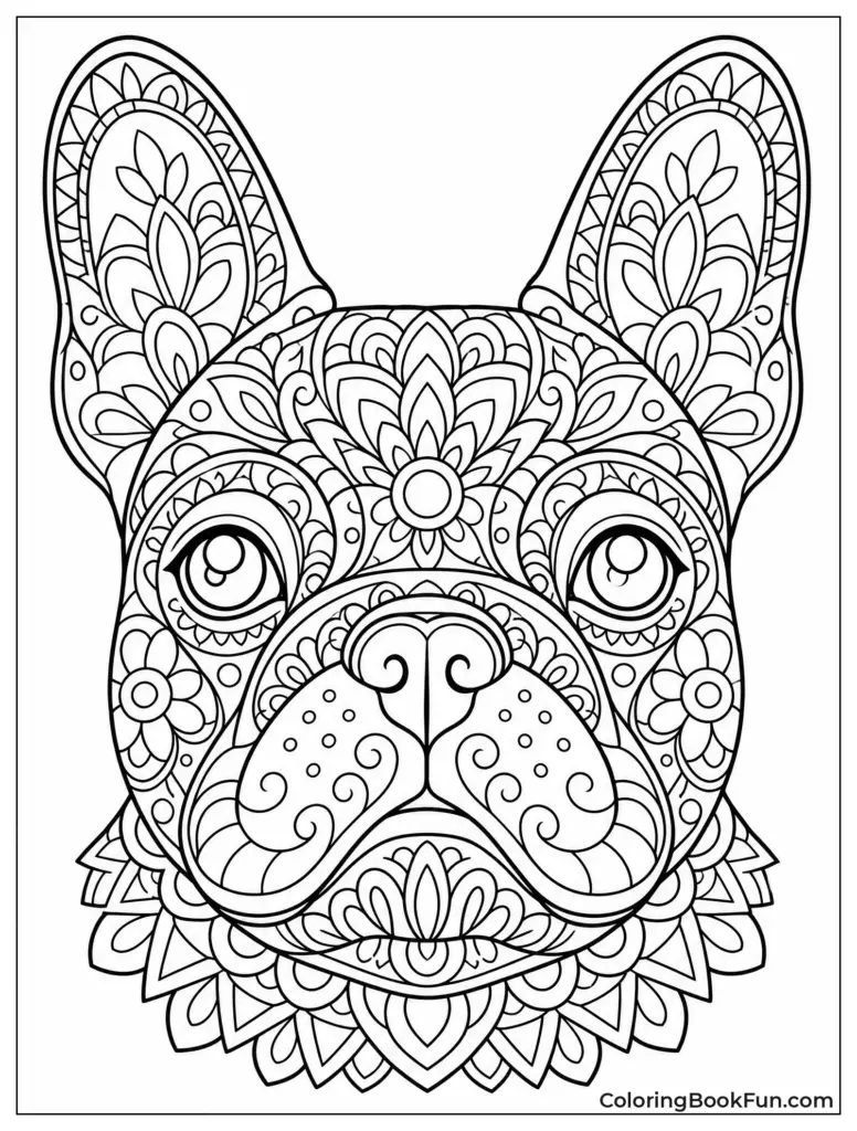 Black-and-white coloring page of a front-facing French bulldog, decorated with intricate floral and mandala patterns.