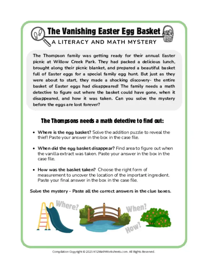 A math mystery worksheet titled “The Vanishing Easter Egg Basket” asks students to solve clues about where and when a basket disappeared and how it was taken.