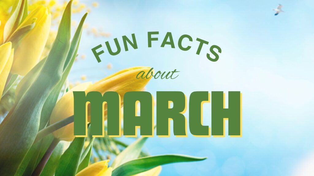 Spring graphic with yellow tulips against a blue sky and the title “Fun Facts about March.”.