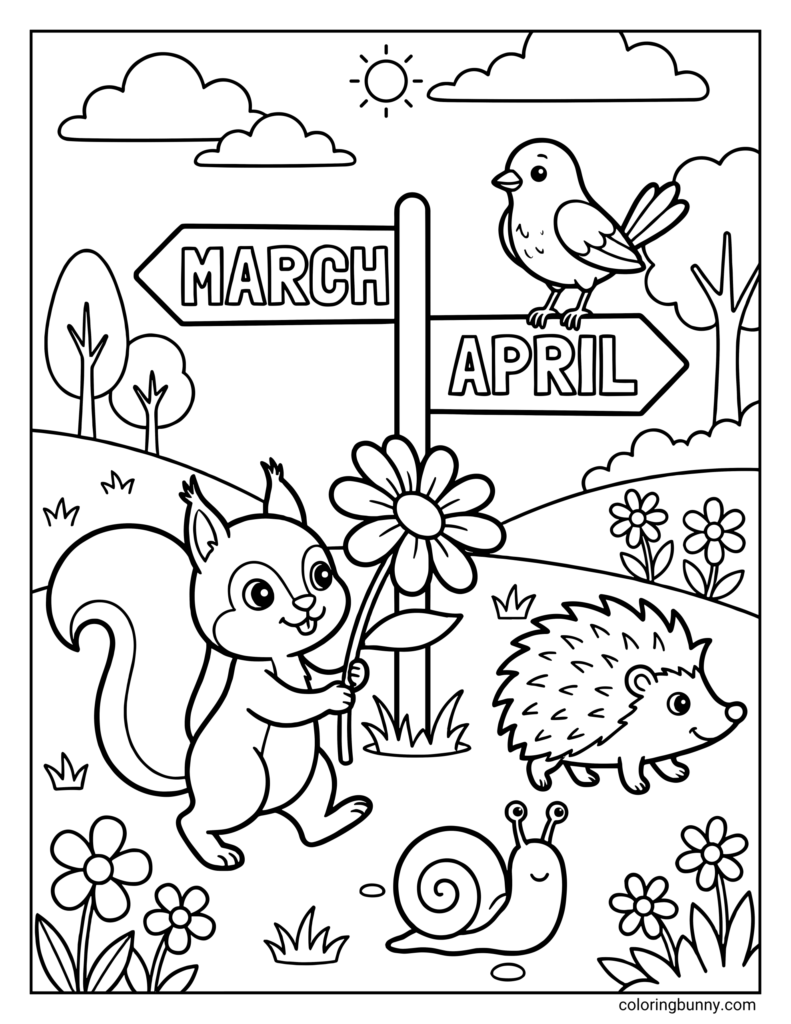 A spring coloring page with a squirrel holding a flower, a bird on a signpost pointing to March and April, a hedgehog, a snail, flowers, hills, clouds, and a sun.