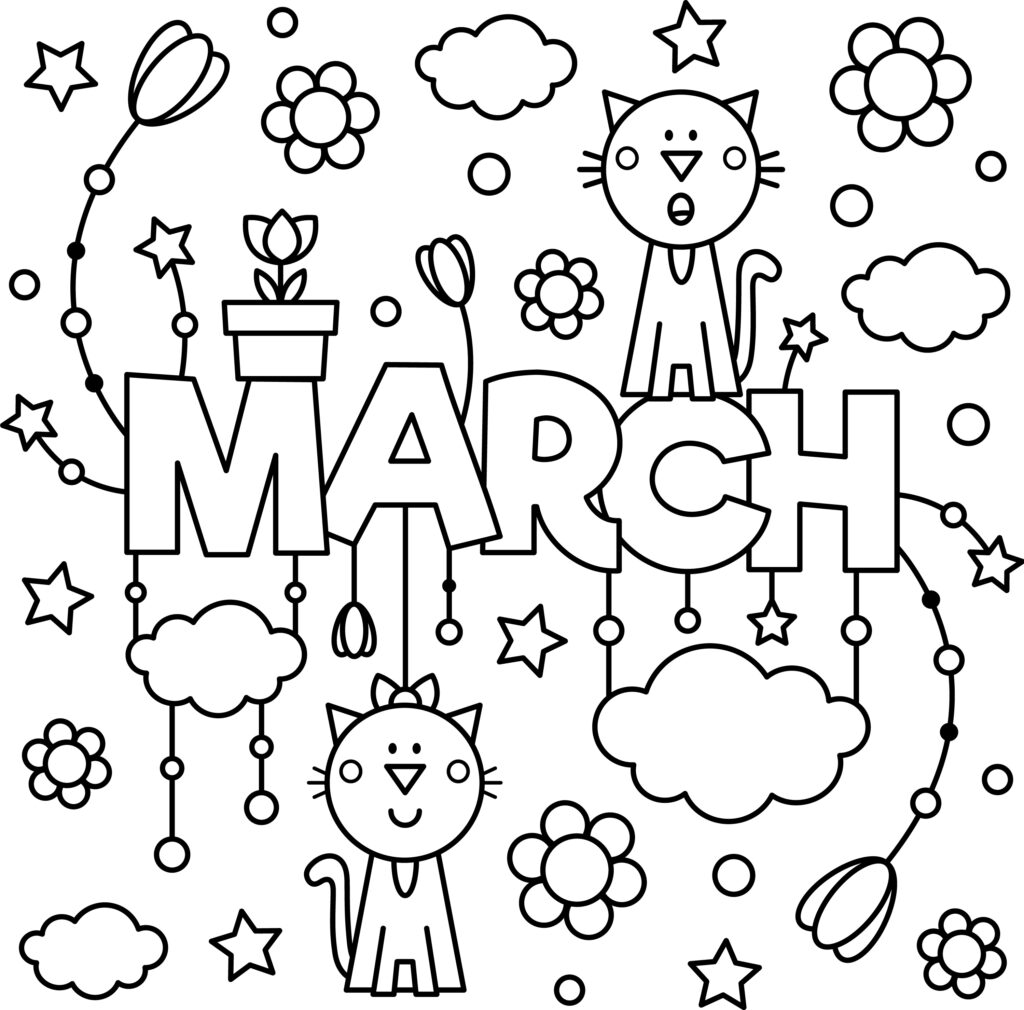 Black-and-white March coloring page with large outlined letters, two cats, flowers, tulips, clouds, and stars.