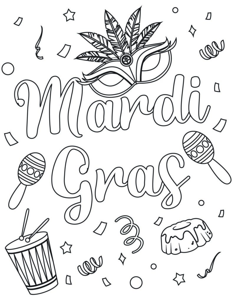 Mardi Gras coloring page featuring large outlined lettering, a decorated mask, maracas, a drum, confetti, and festive ornaments.
