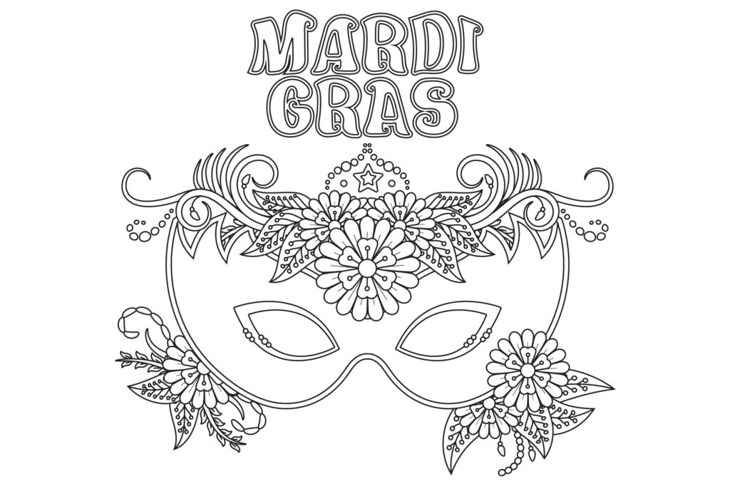 Mardi Gras coloring page featuring an ornate floral mask and outlined “Mardi Gras” lettering.