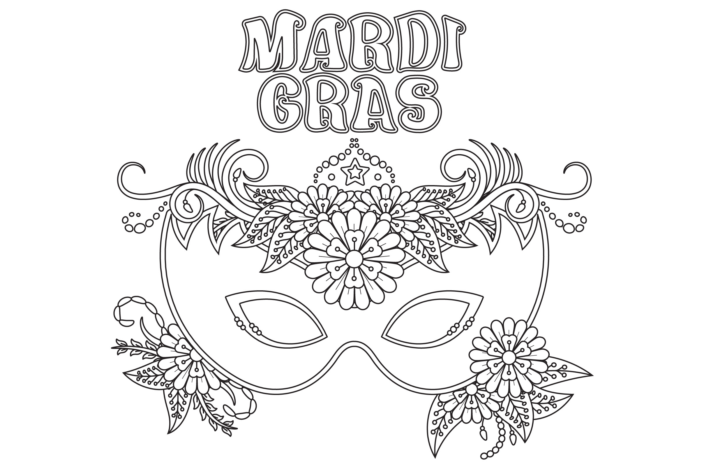 Mardi Gras coloring page featuring an ornate floral mask and outlined “Mardi Gras” lettering.