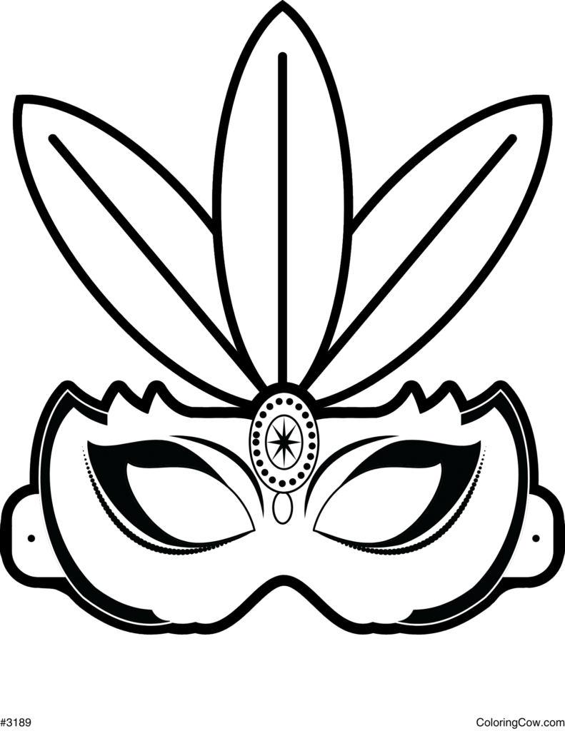 Black-and-white outline coloring page of an ornate masquerade mask with three tall feather-like shapes, decorative eye details, and a central star.