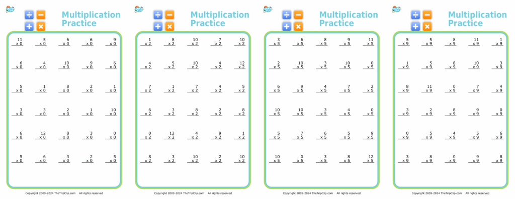 Four multiplication practice worksheets arranged side by side, each with a colorful rounded border and rows of number problems.