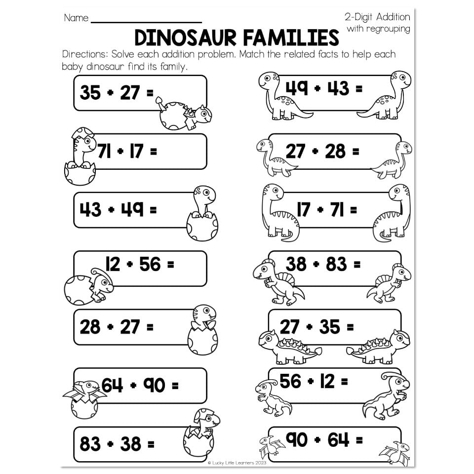 Dinosaur-themed addition worksheet with two-digit problems and dinosaur family illustrations for matching related facts.