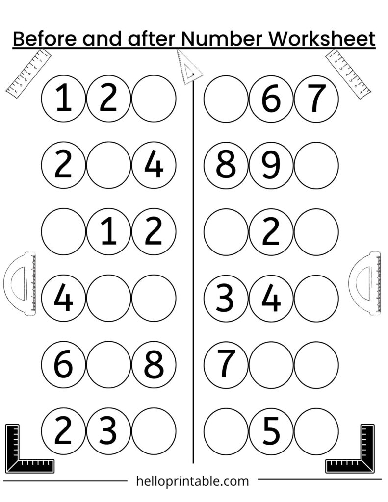 A black-and-white before-and-after number worksheet with rows of three circles, some containing numerals and others left blank for completion.