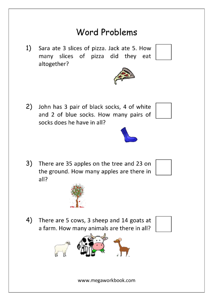 A word-problems worksheet with four addition questions about pizza slices, pairs of socks, apples, and farm animals, each with a blank answer box.